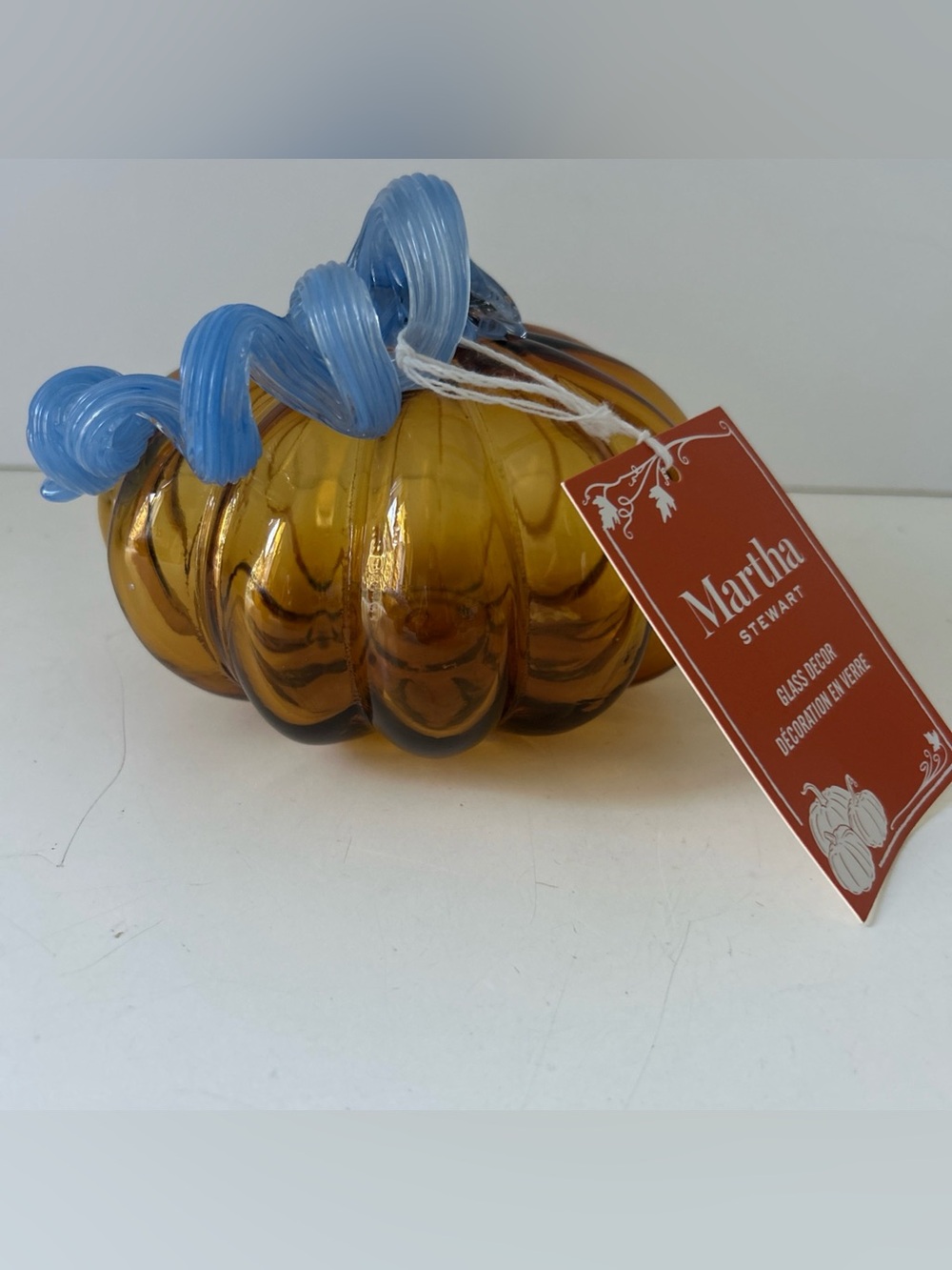 Martha Stewart Amber Glass Pumpkin with Blue Stem Decorative NEW - Picture 7 of 13